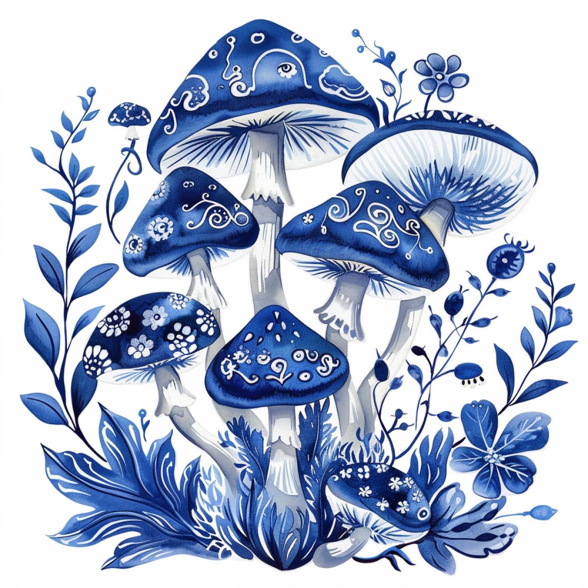 Forest of magic mushrooms, mushrooms with Gzhel ornament