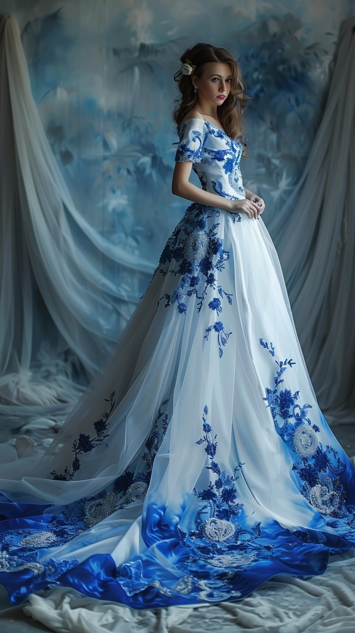 Beautiful Girl in a wedding dress with Gzhel ornament, full-length photo