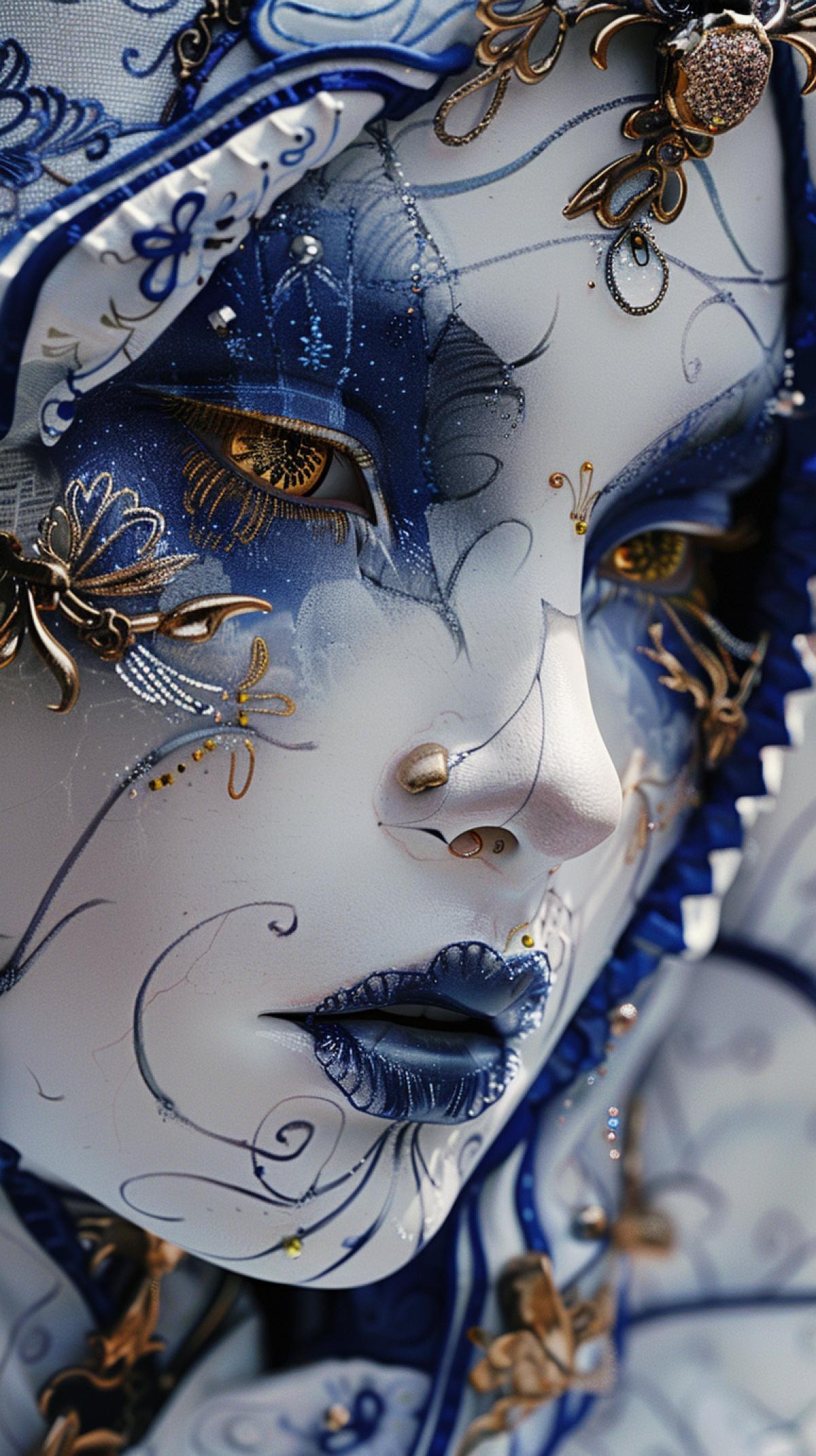 a close up of a person, an ultrafine detailed painting,  white and dark blue  gzhel makeup , she has  gold eyes, elaborate lights.
