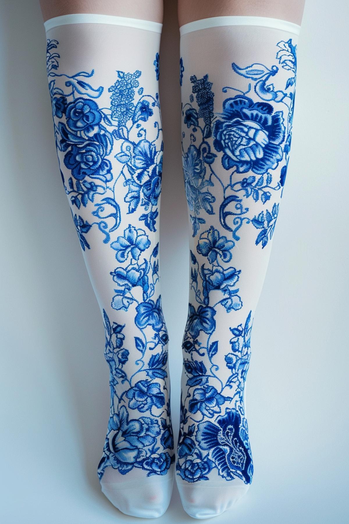 fashion fashion, photo for Vogue magazine, studio lighting, womens stockings, blue pattern in Gzhel style on a white background, hyper-detailed