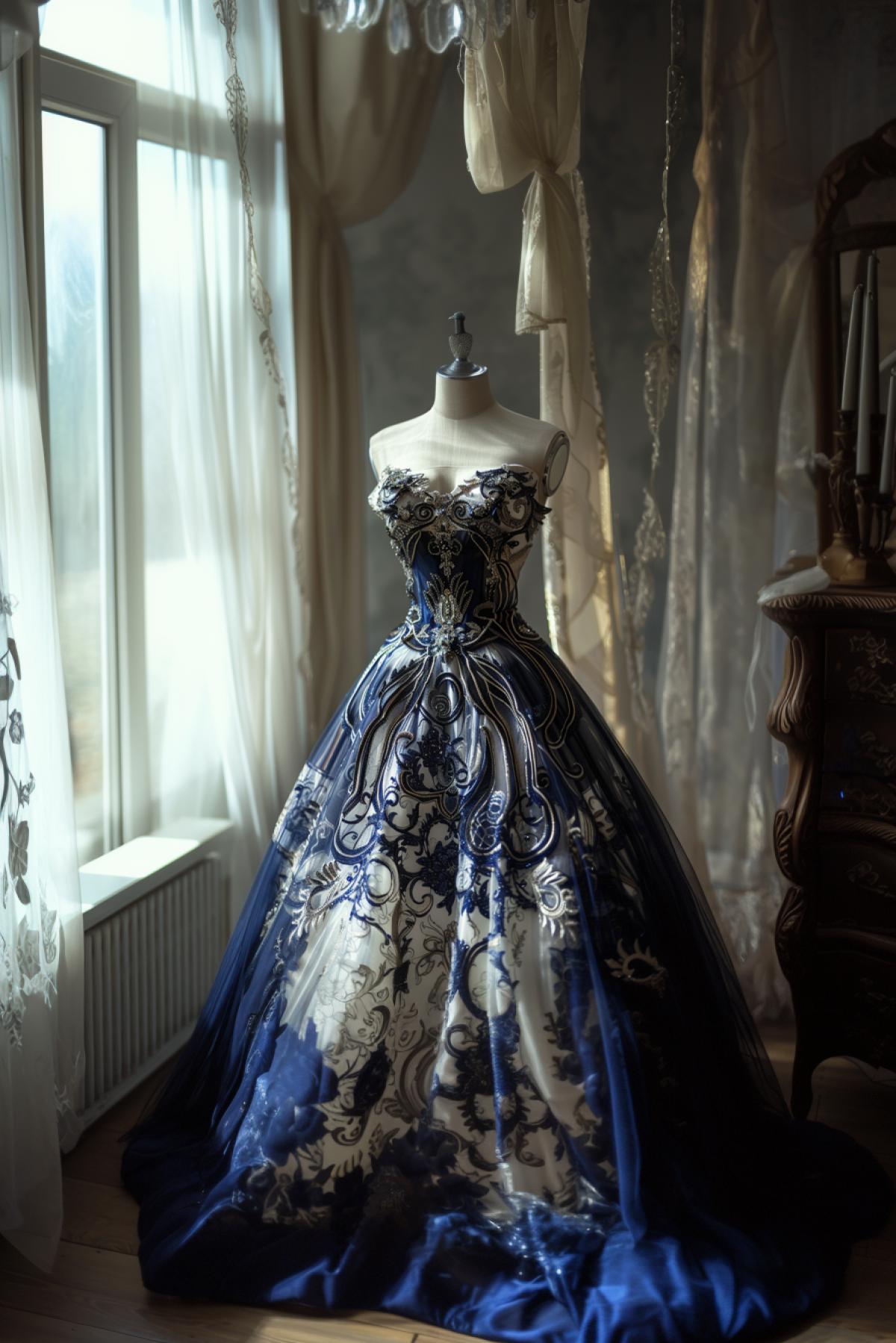 Evening luxury dress with Gzhel ornament, Gothic style, aesthetics, shimmer, gloss, 5d image