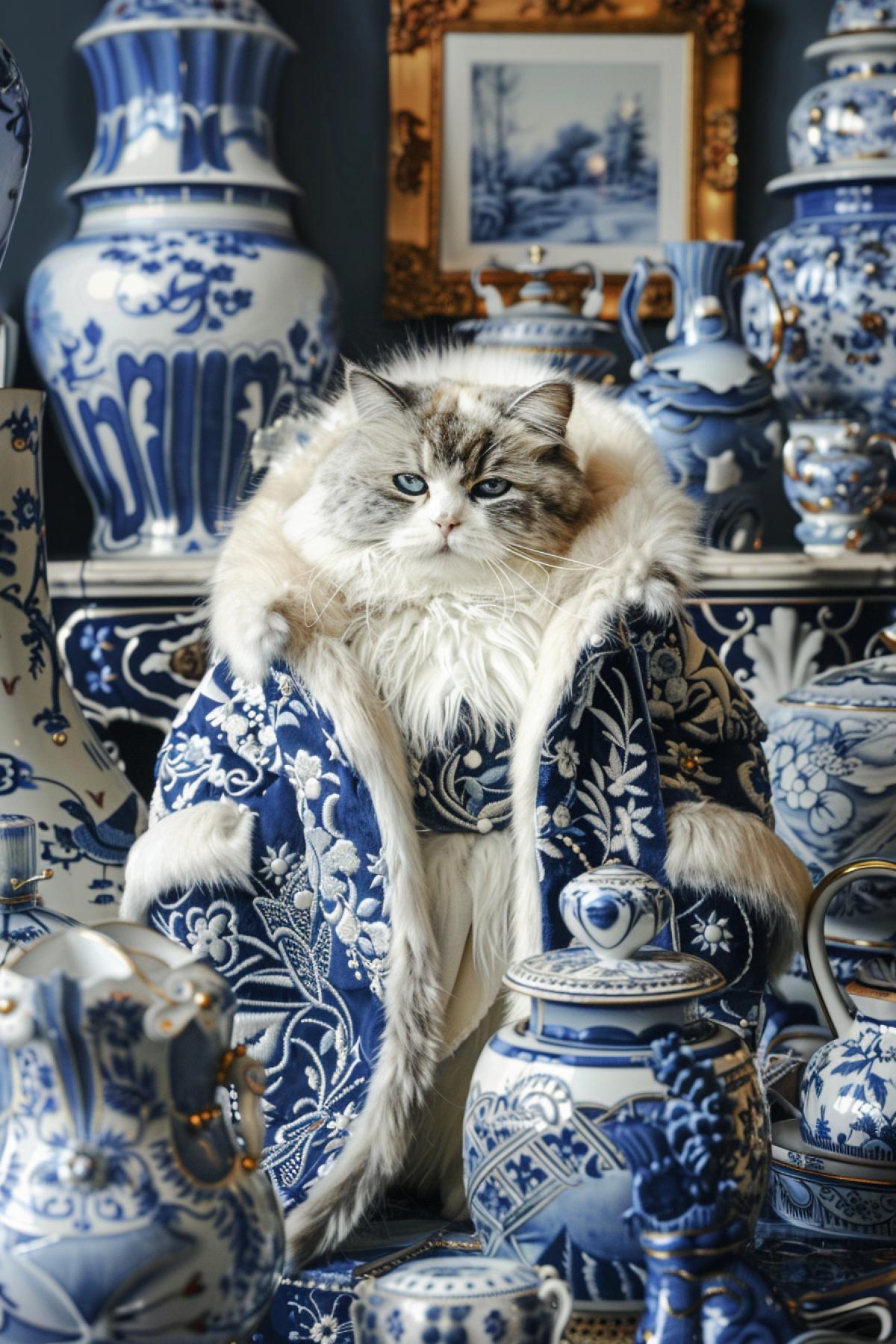 Various things with Gzhel ornament, fluffy arrogant cat in a fur coat with Gzhel ornament, Aristocrat, luxury, Empire, globalization