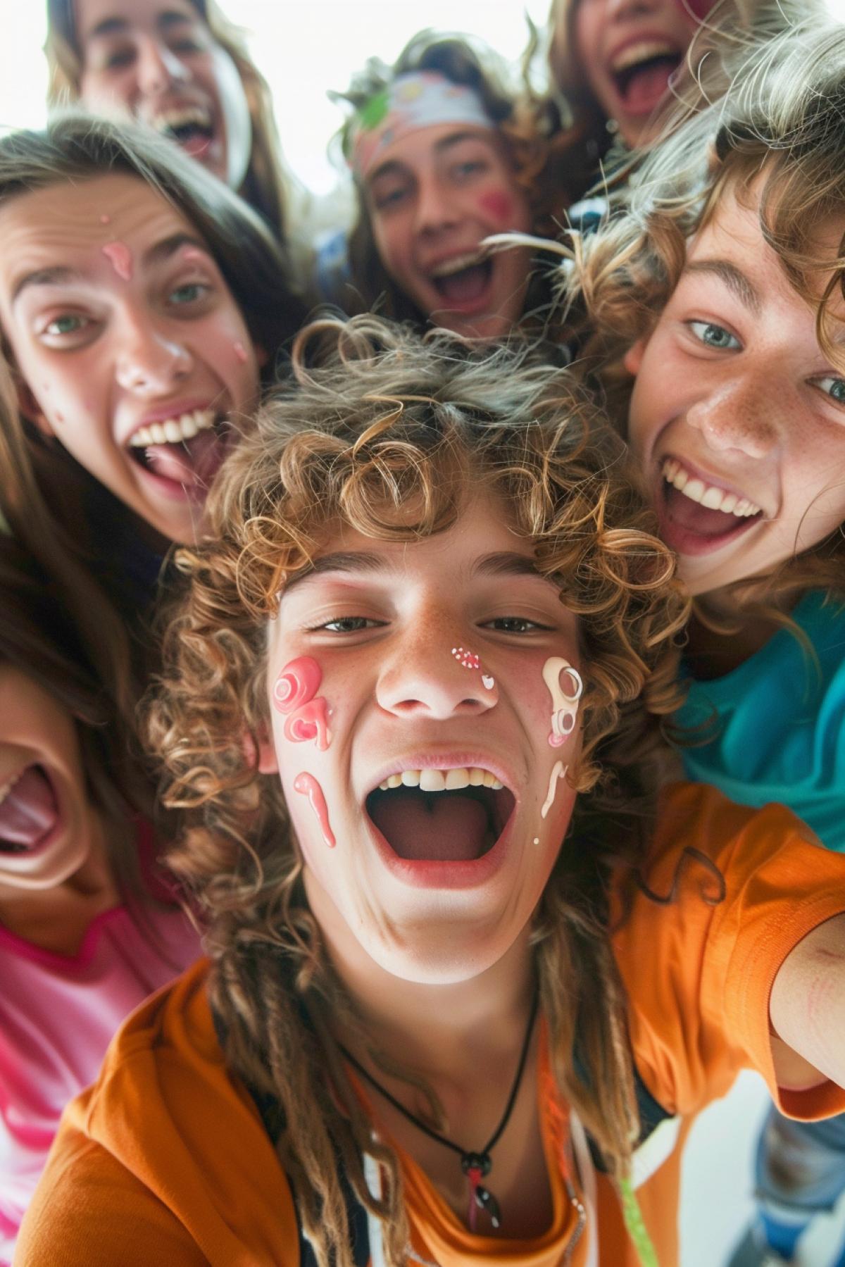 Surprised sad teenager with traces of blown up bublgum on face surrounded by laughing out loud friends ironic photo