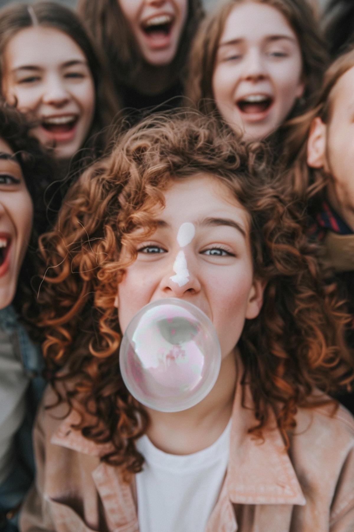 Surprised sad curly teenager having blown enormous bubble gum bubble surrounded by laughing out loud friends ironic photo