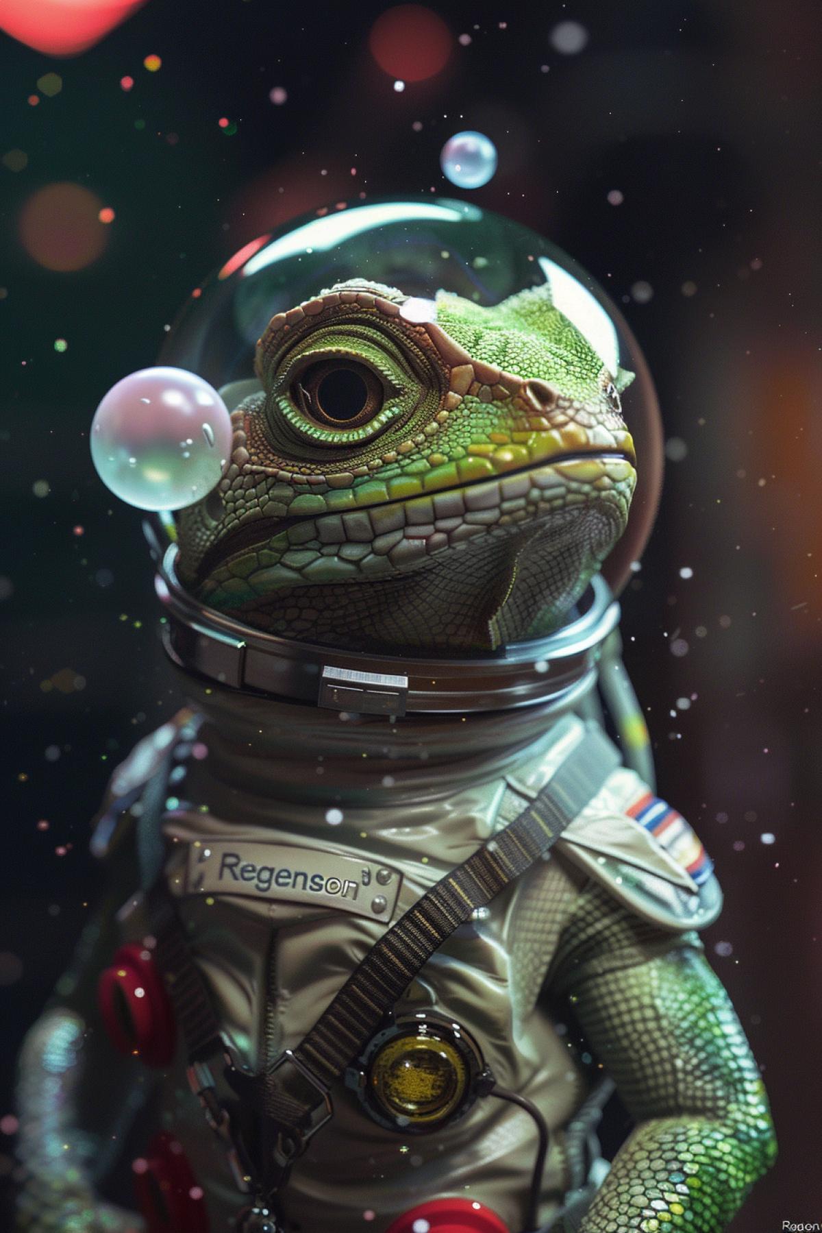 Green jolly lizard wearing space suit and bubblegum bubble instead of helmet inscription \"Regenson\" upon spacesuit
