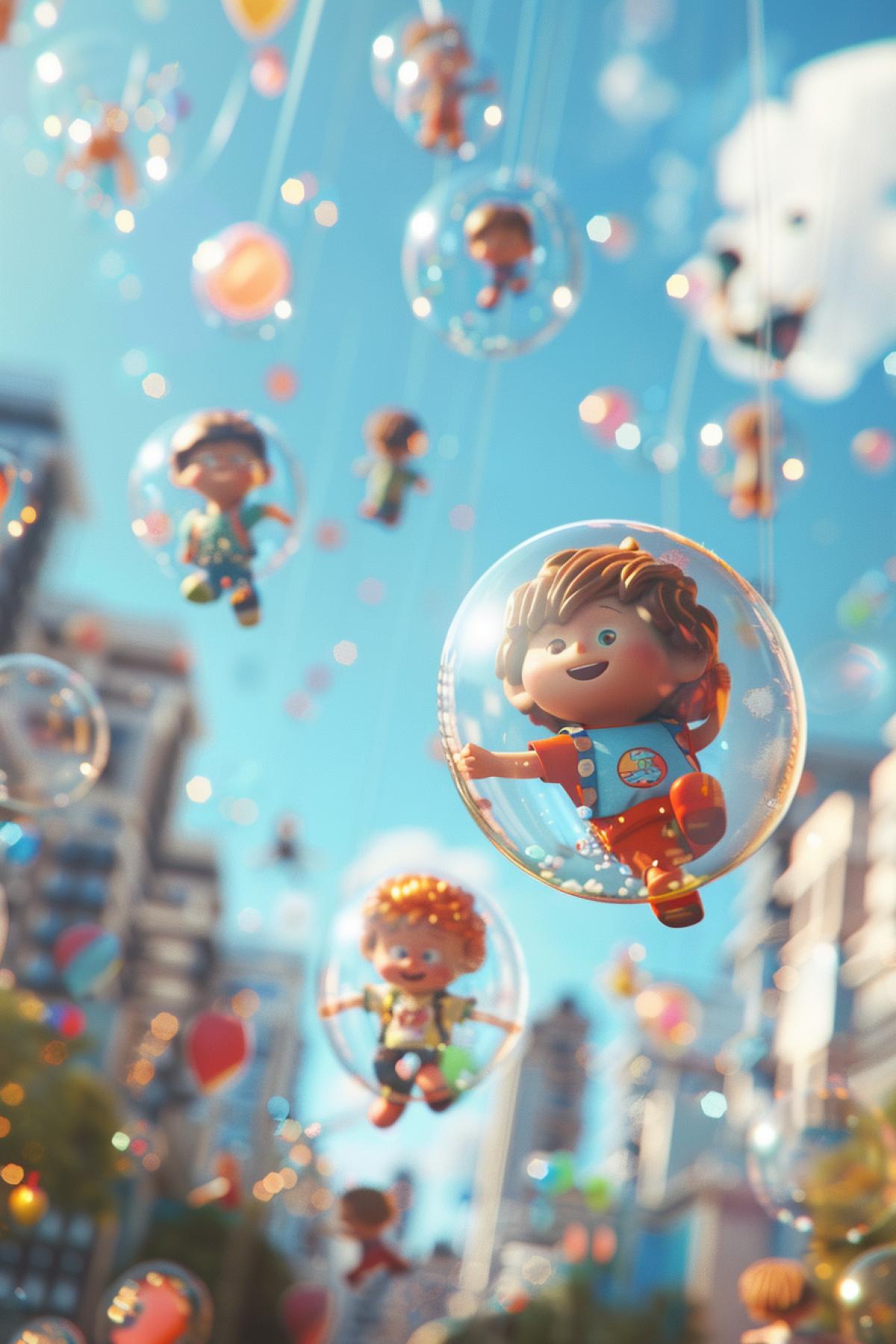 Jolly children flying within bubblegum bubbles over city 3d illustration Pixar