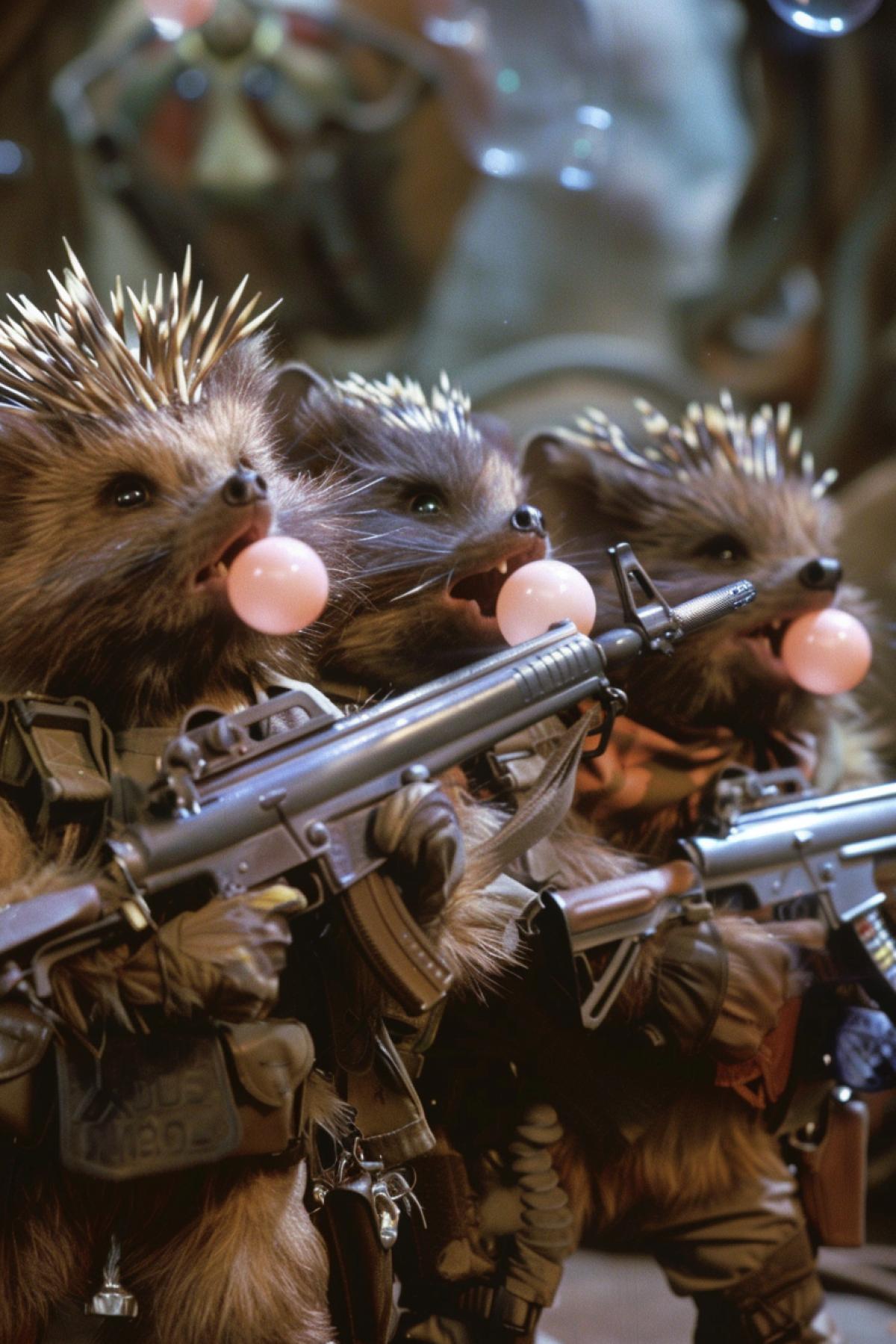 Several combat hedgehogs armed and dangerous chewing bubblegum and blowing bubbles