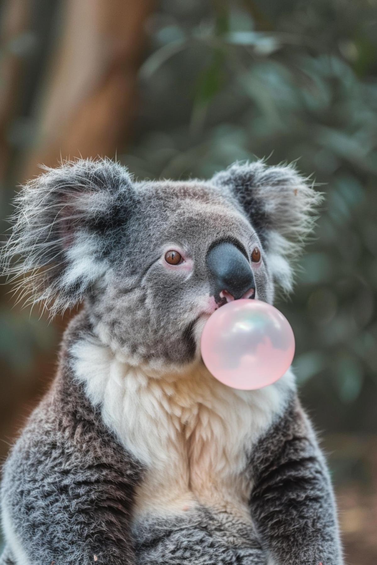 portrait of koala blowing bubble gum