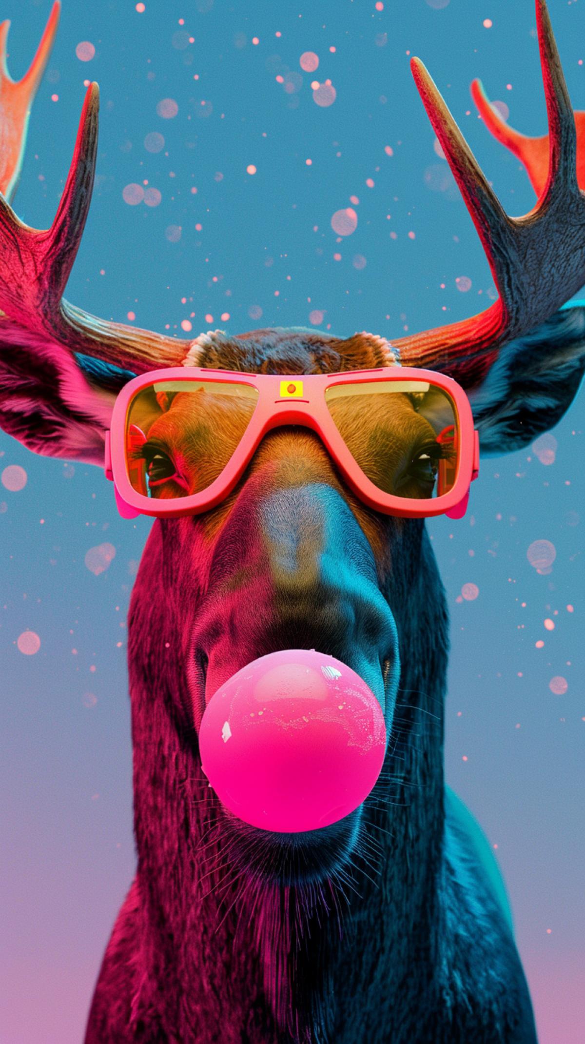 in the style of Anthony Burrill, portrait of moose blowing bubble gum, wearing neon goggles ar 4:6 style raw stylize 250