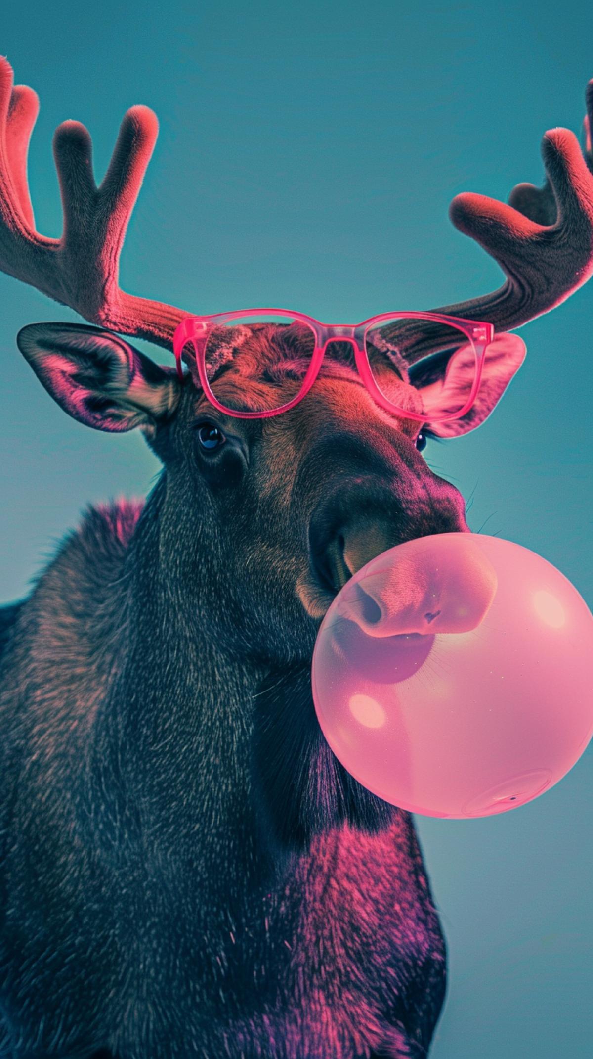 in the style of Anthony Burrill, portrait of a moose blowing a huge bubble gum, wearing neon glasses ar 4:6 style raw stylize 250