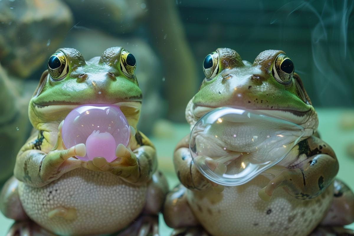 frogs compete in blowing bubble gum bubbles