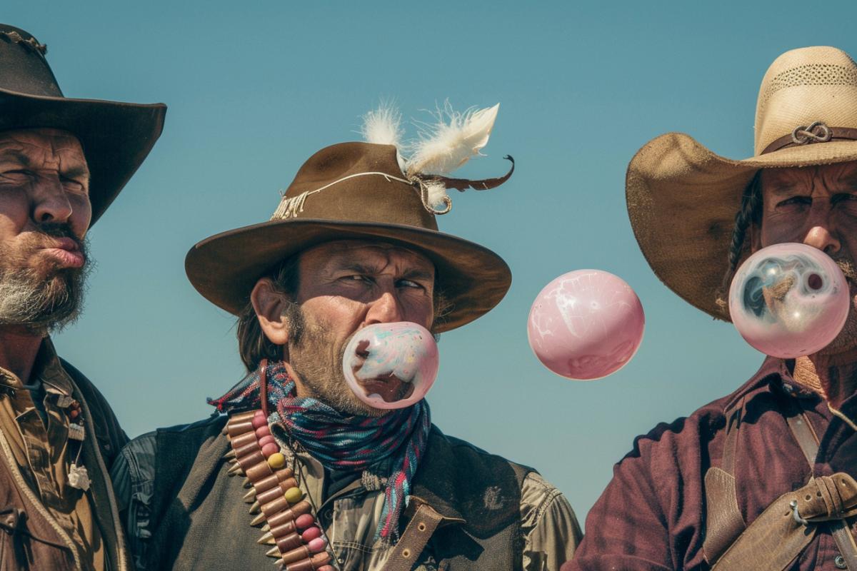Two cowboys and an Indian blow bubbles from chewing gum on a bet