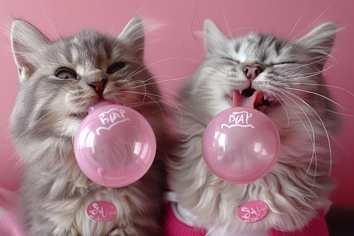 Two cute cats in colorful suits blow big bubbles from chewing gum, bubble gum blowing competition