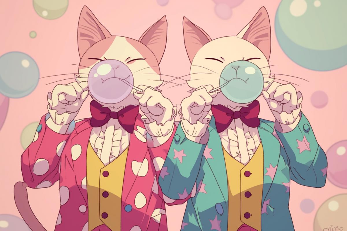 Two cute cats in colorful suits blow big bubbles from chewing gum, bubble gum blowing competition
