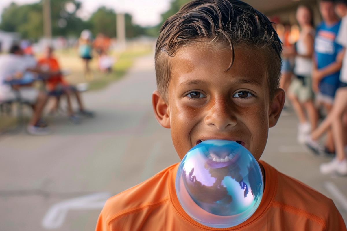 a little boy blowing an unrealistically huge, very large bubble from chewing gum, surrounded by surprised and delighted spectators, the World Championship in Blowing Bubbles from Chewing Gum
