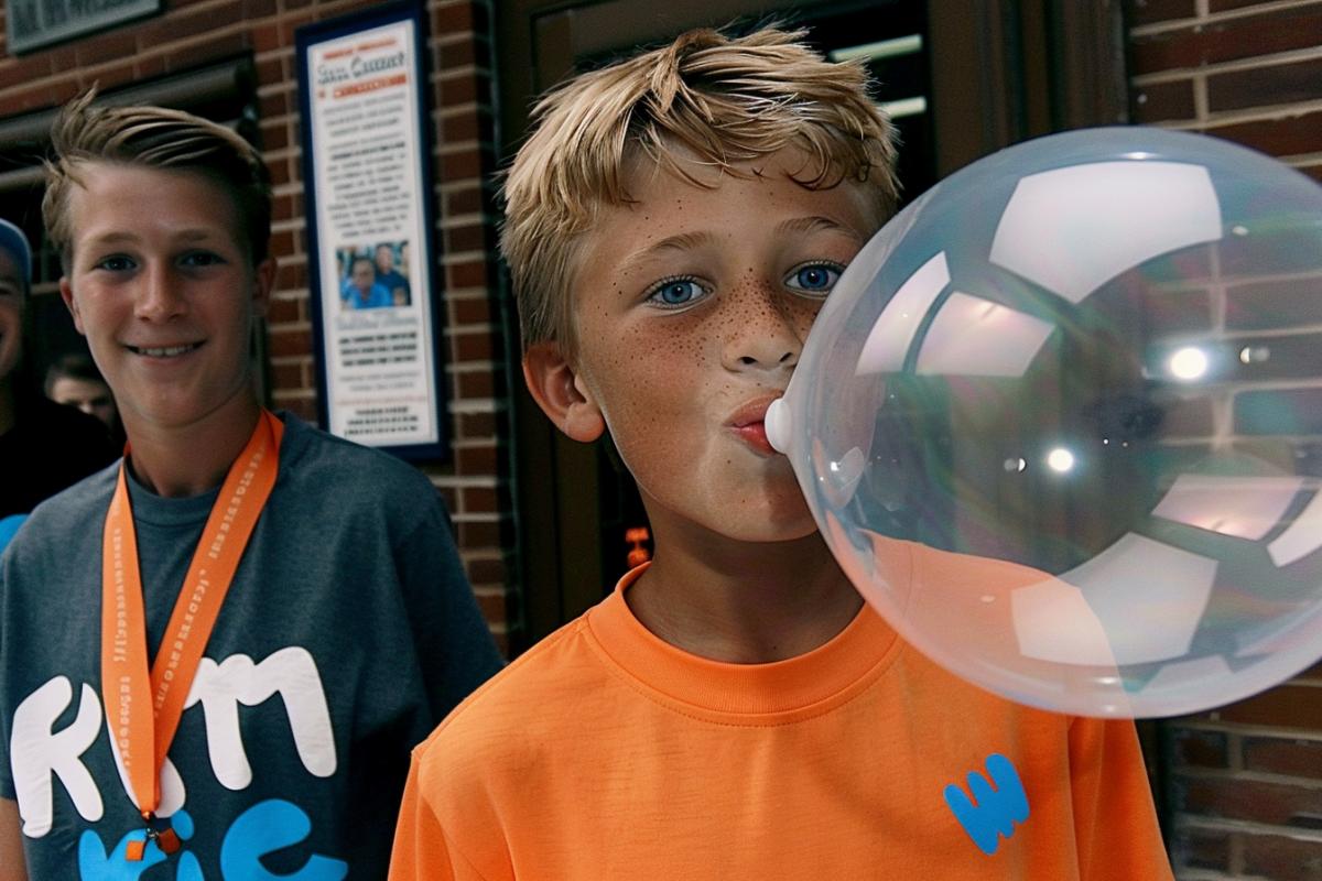 a little boy blowing an unrealistically huge, very large bubble from chewing gum, surrounded by surprised and delighted spectators, the World Championship in Blowing Bubbles from Chewing Gum