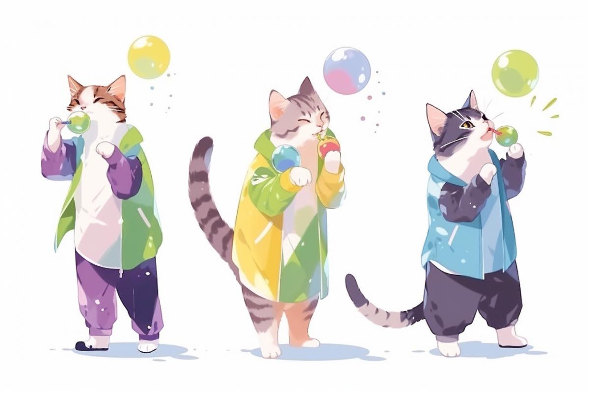 Three cute cats in colored tracksuits blow big bubbles from chewing gum, bubble gum blowing competition, expression, spectators, sports competition, world championship