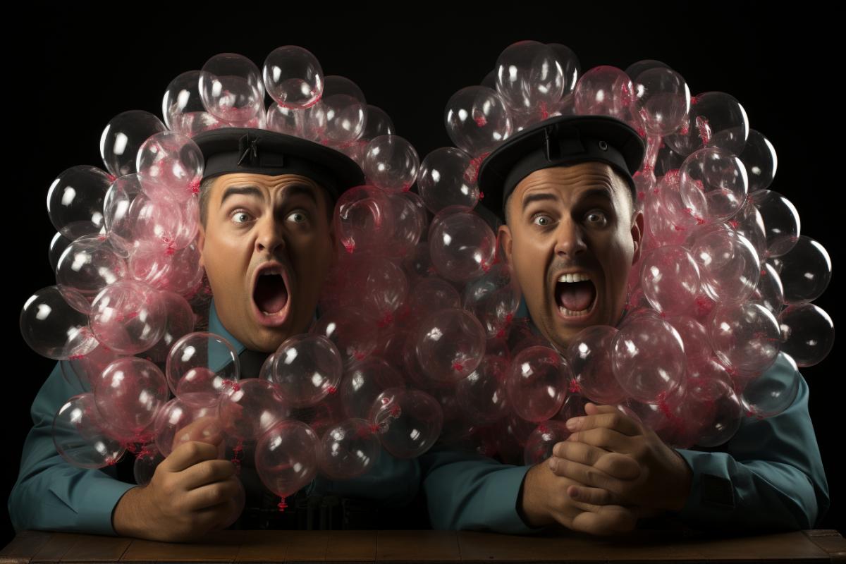 Two sumo wrestlers, standing opposite each other, inflate two large bubbles from chewing gum, close-up, expression, competition, world championship, spectators, delight, admiration