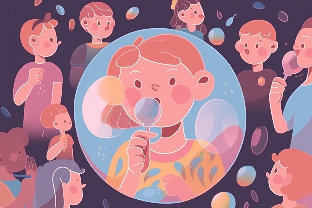 Laurel Burch style, folk art illustration, little boy blowing the biggest bubble gum bubble, surrounded by surprised and delighted spectators, World Chewing Gum Bubble Blowing Championship, vector sticker design