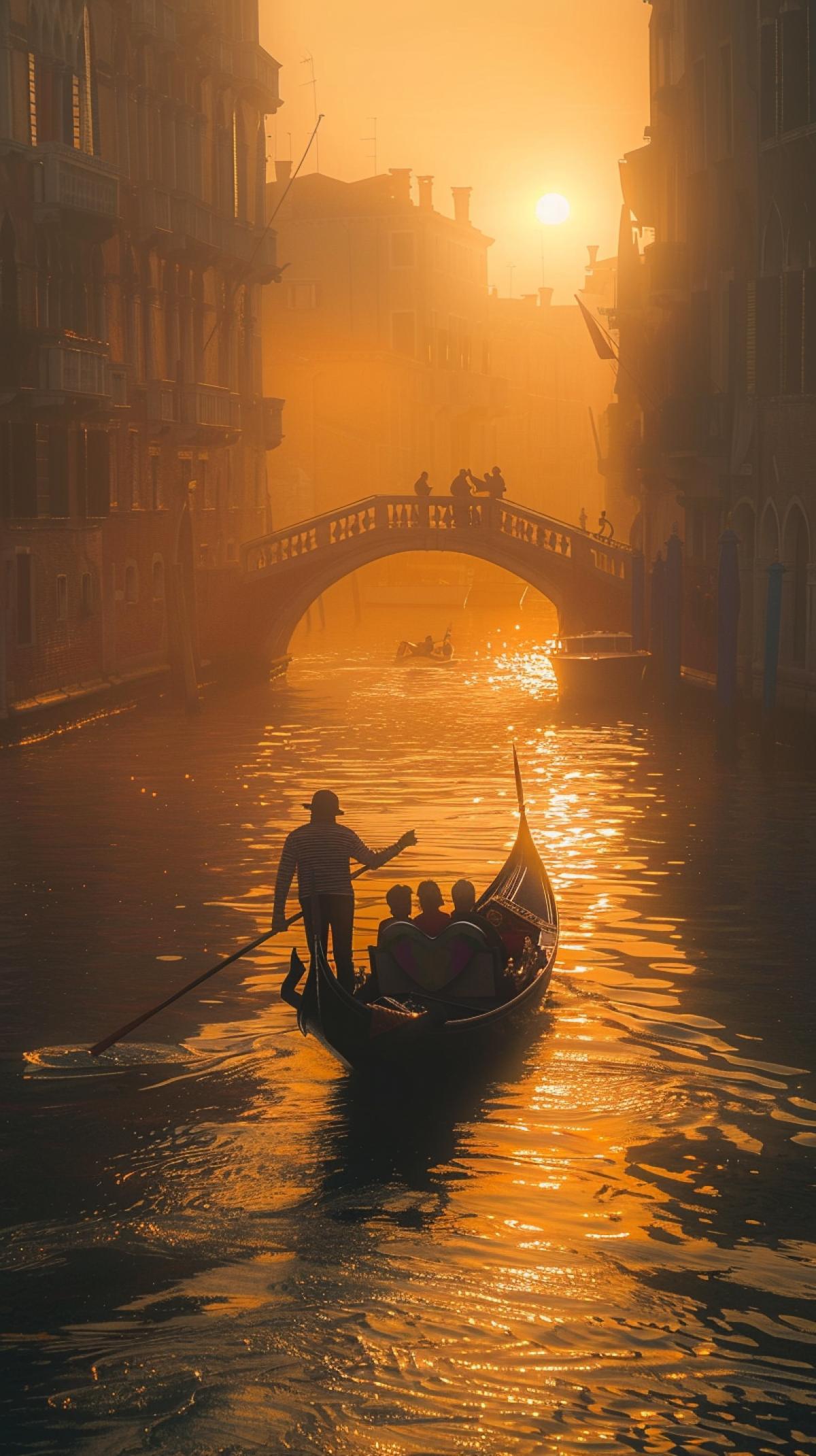 Venice at dawn in the rays of the sun, a gondeller is carrying a couple in love