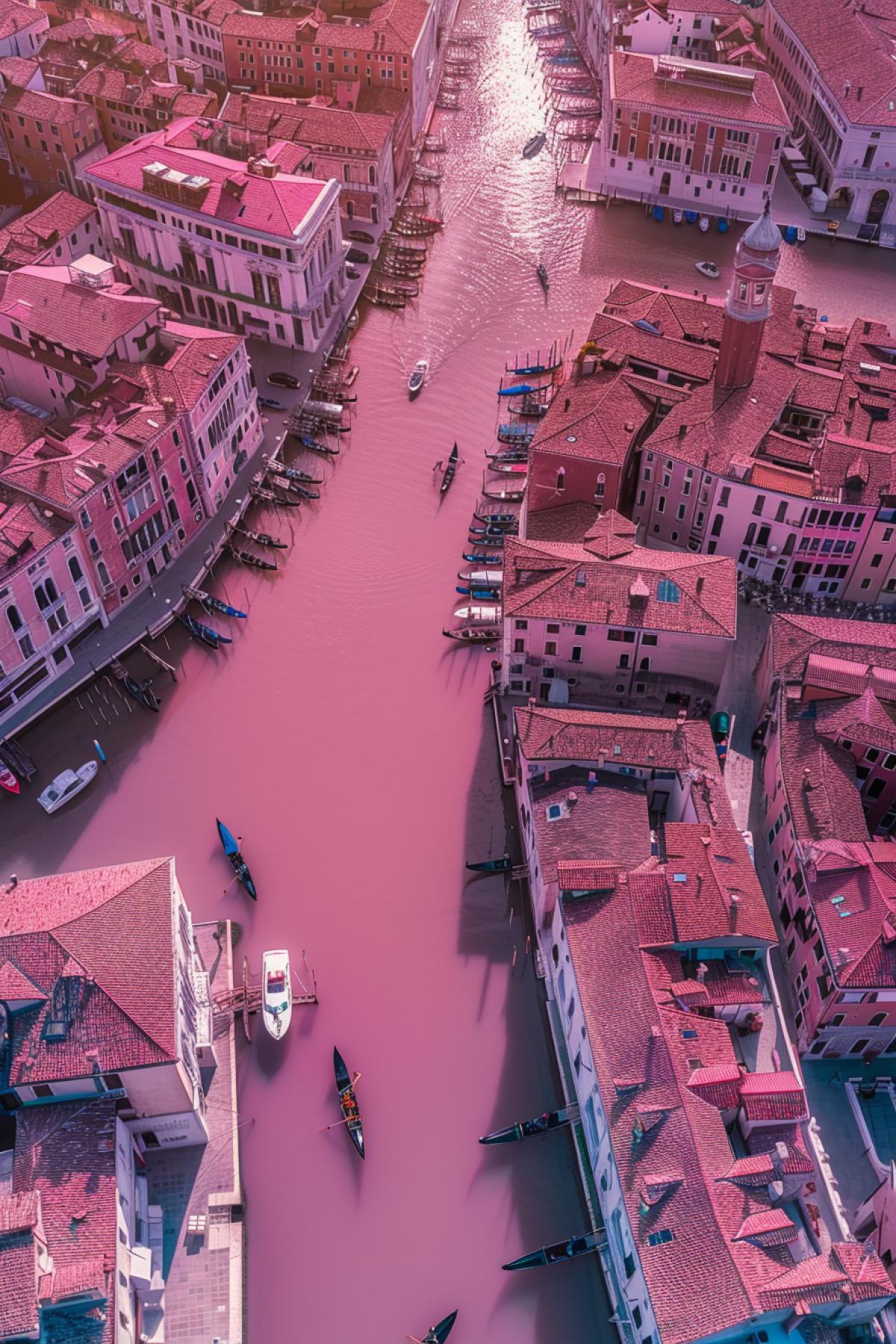 Venice in pink water, shot from a drone, sunny day, maximum resolution.