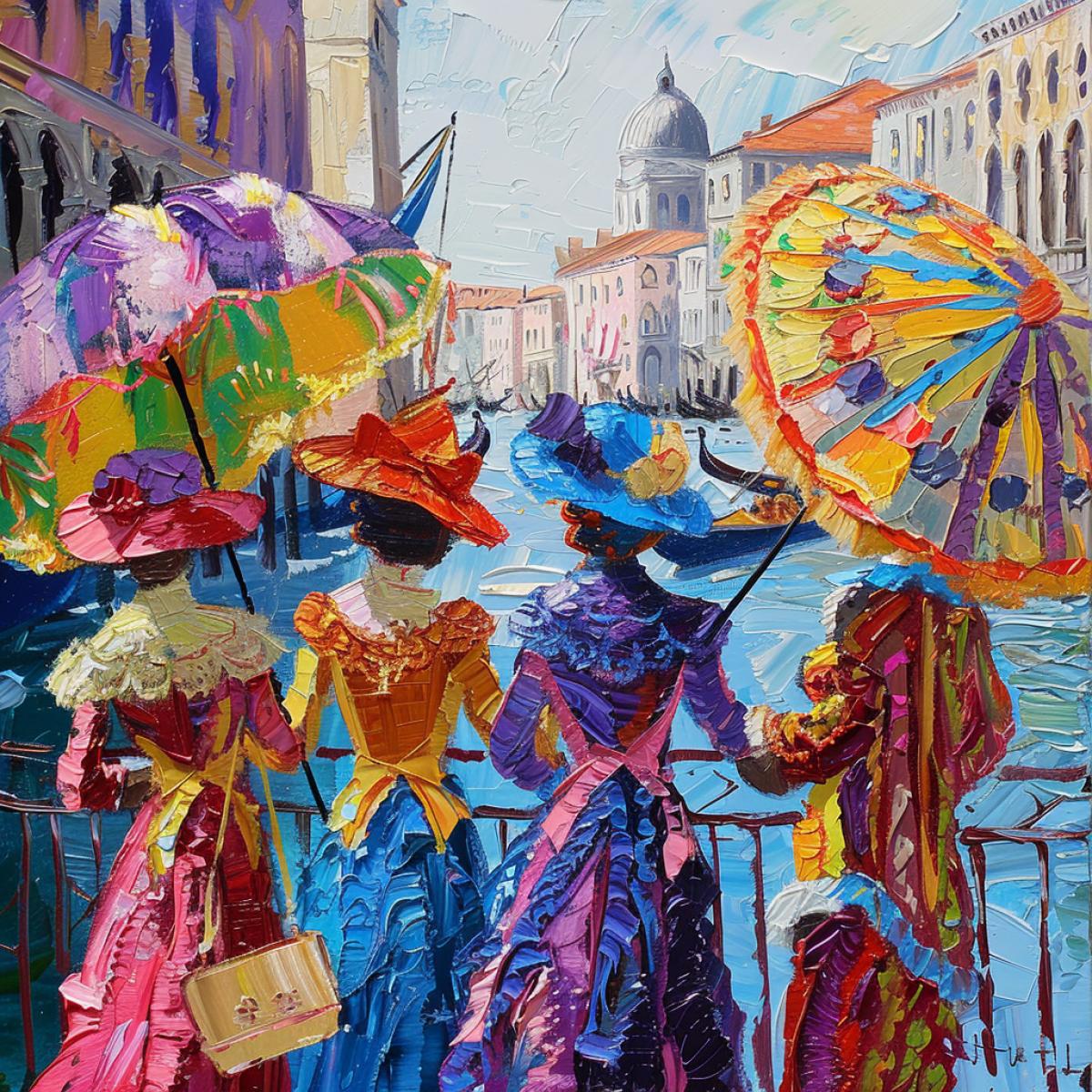 Carnival of Venice, painting in the style of Howard Behrens