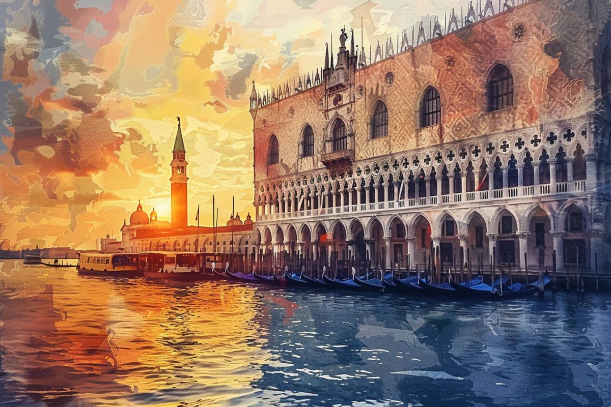 Doges Palace in Venice, painting in Canaletto style