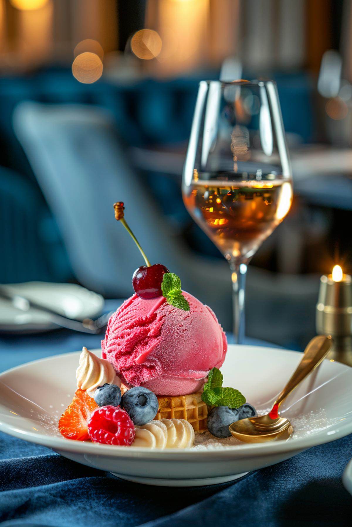 Delicious fantastic ice-cream multicolour dessert cherry on top served in luxury three-Michelin-star restaurant wineglass white wine candles golden spoon silk dark-blue tablecloth gastronomic professional photo top side view