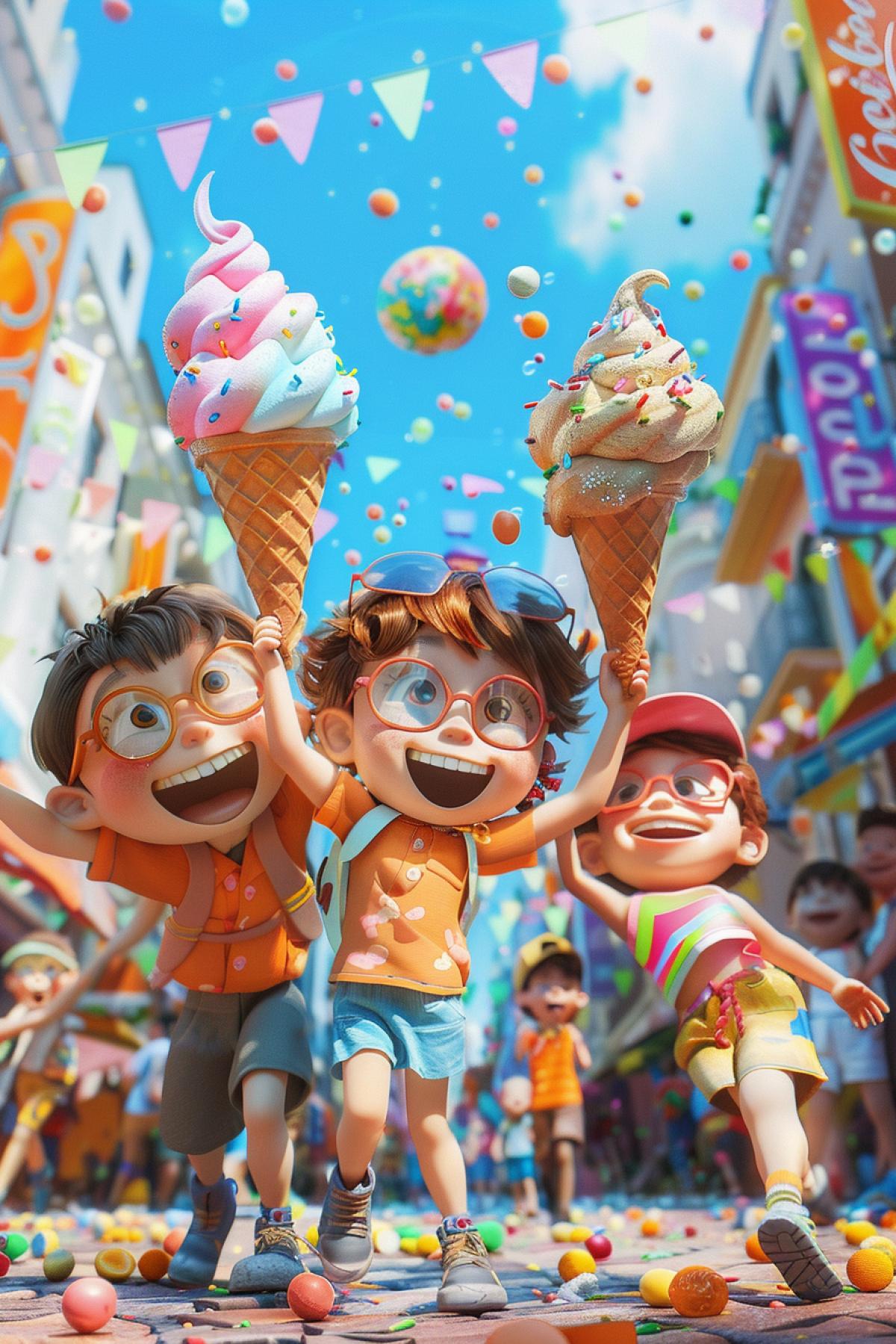 Million jolly happy children with delicious ice-cream in city Pixar 3d illustration