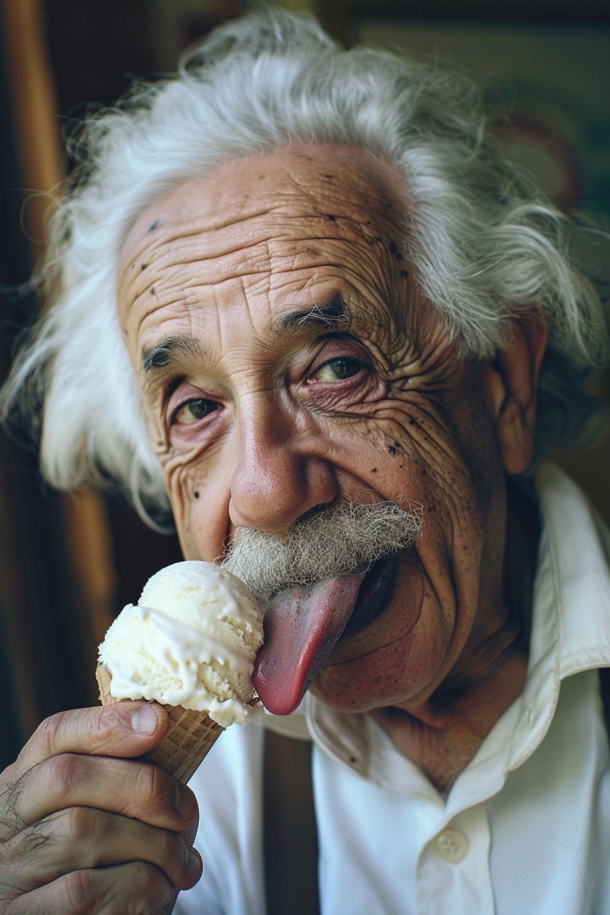 Albert Einstein with tongue out eating delicious ice-cream