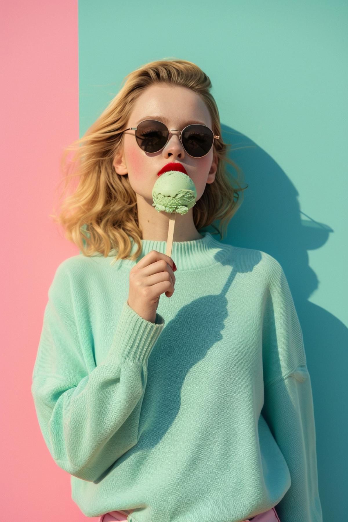 Actress Margot Robie luxury eating ice cream, advertising, public service announcement, poster, delicious colors, minimalism, \"BKYHO\"