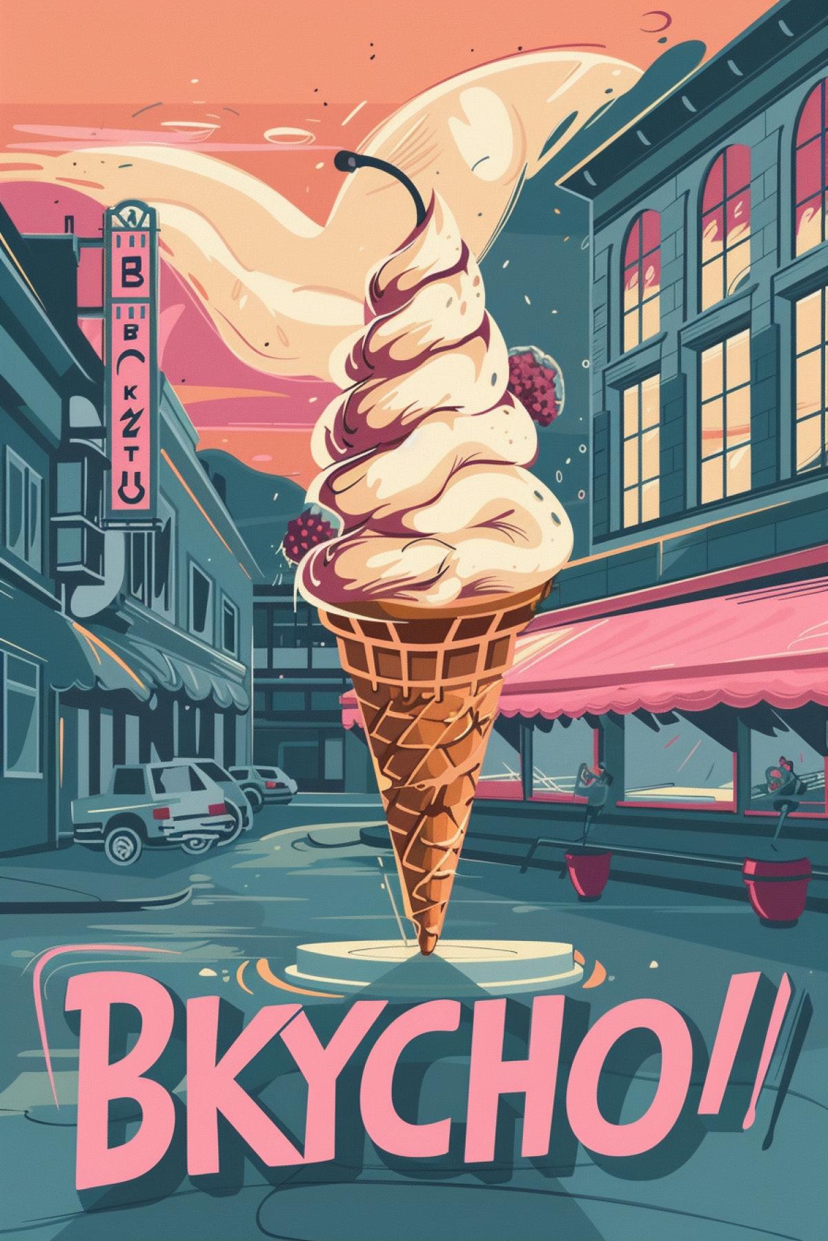 Hot and clear weather, delicious exotic ice cream in the foreground, advertising poster, minimalism, the inscription \"BKYCHO\" on the poster