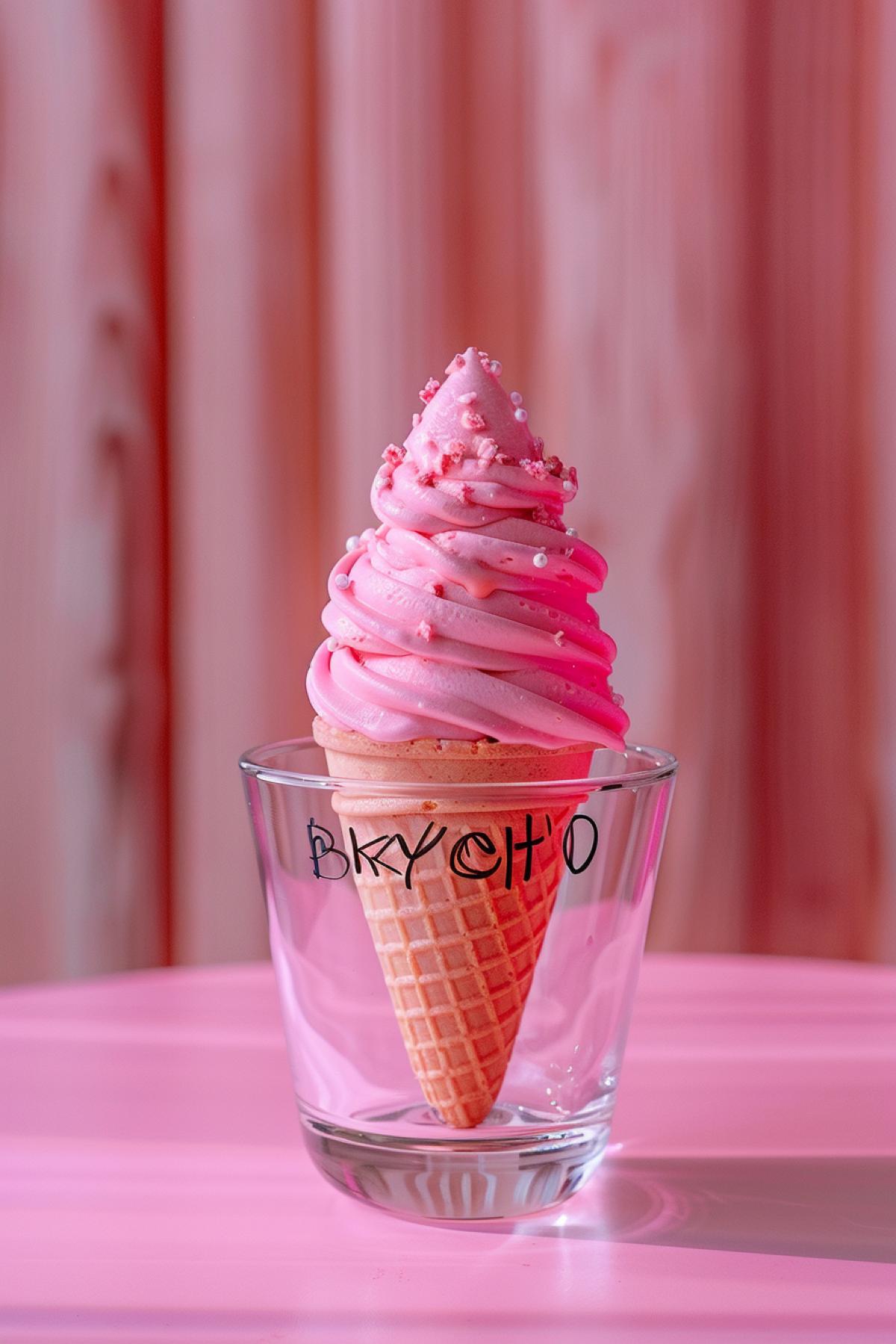 Hot and clear weather, delicious exotic ice cream in the foreground, advertising poster, minimalism, the inscription \"BKYCHO\" on the poster