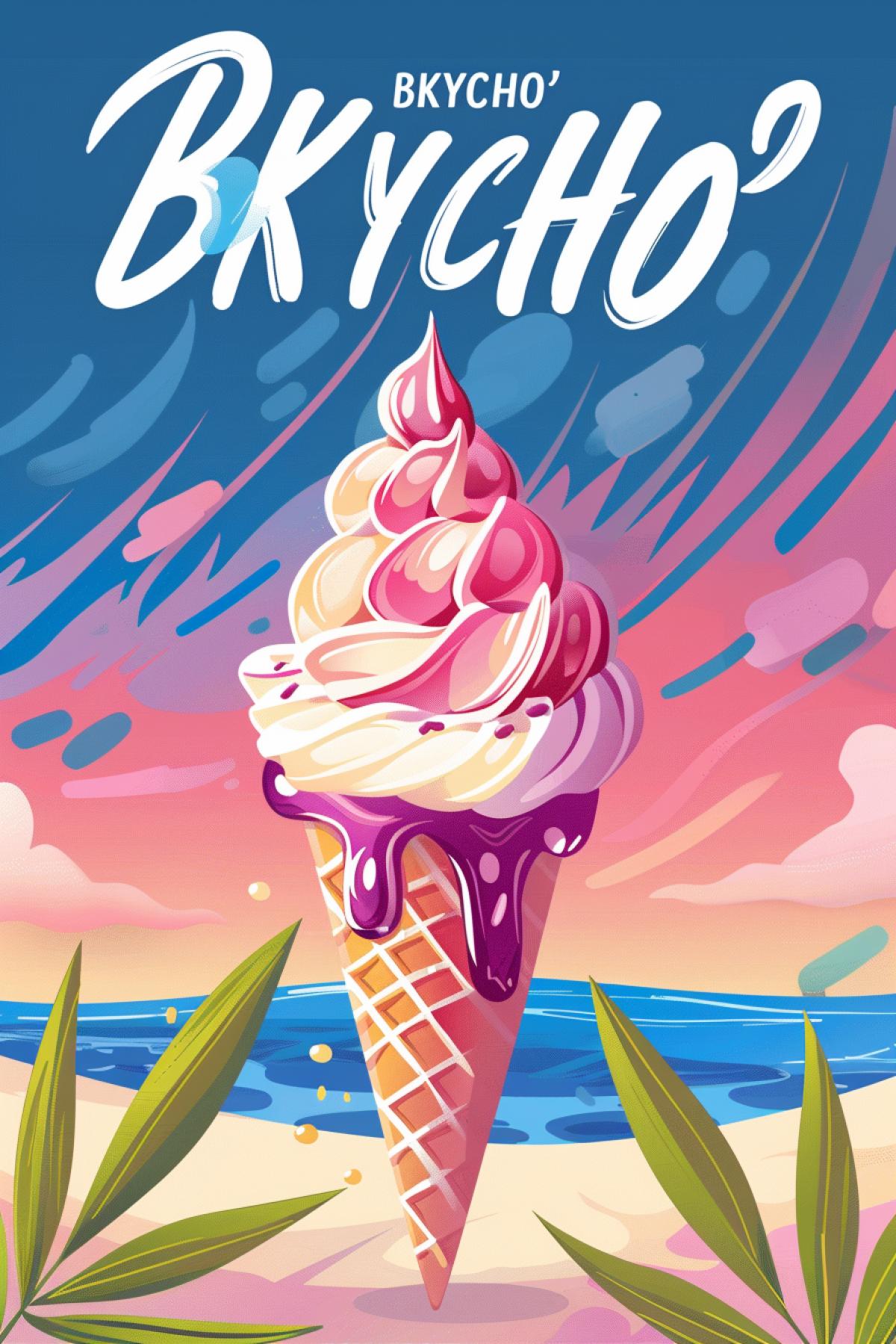 Hot and clear weather, delicious exotic ice cream in the foreground, advertising poster, minimalism, the inscription \"BKYCHO\" on the poster