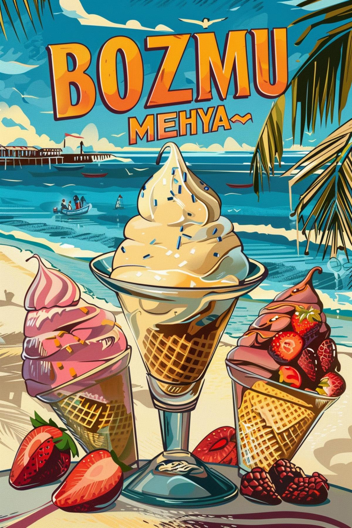 Hot and clear weather, in the foreground there is delicious exotic ice cream, an advertising poster, on the poster there is the inscription \"BOZMU MEHYA\"
