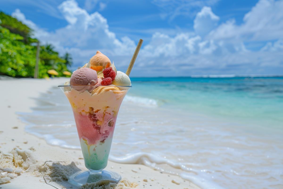Ice cream against the backdrop of a bright island beach