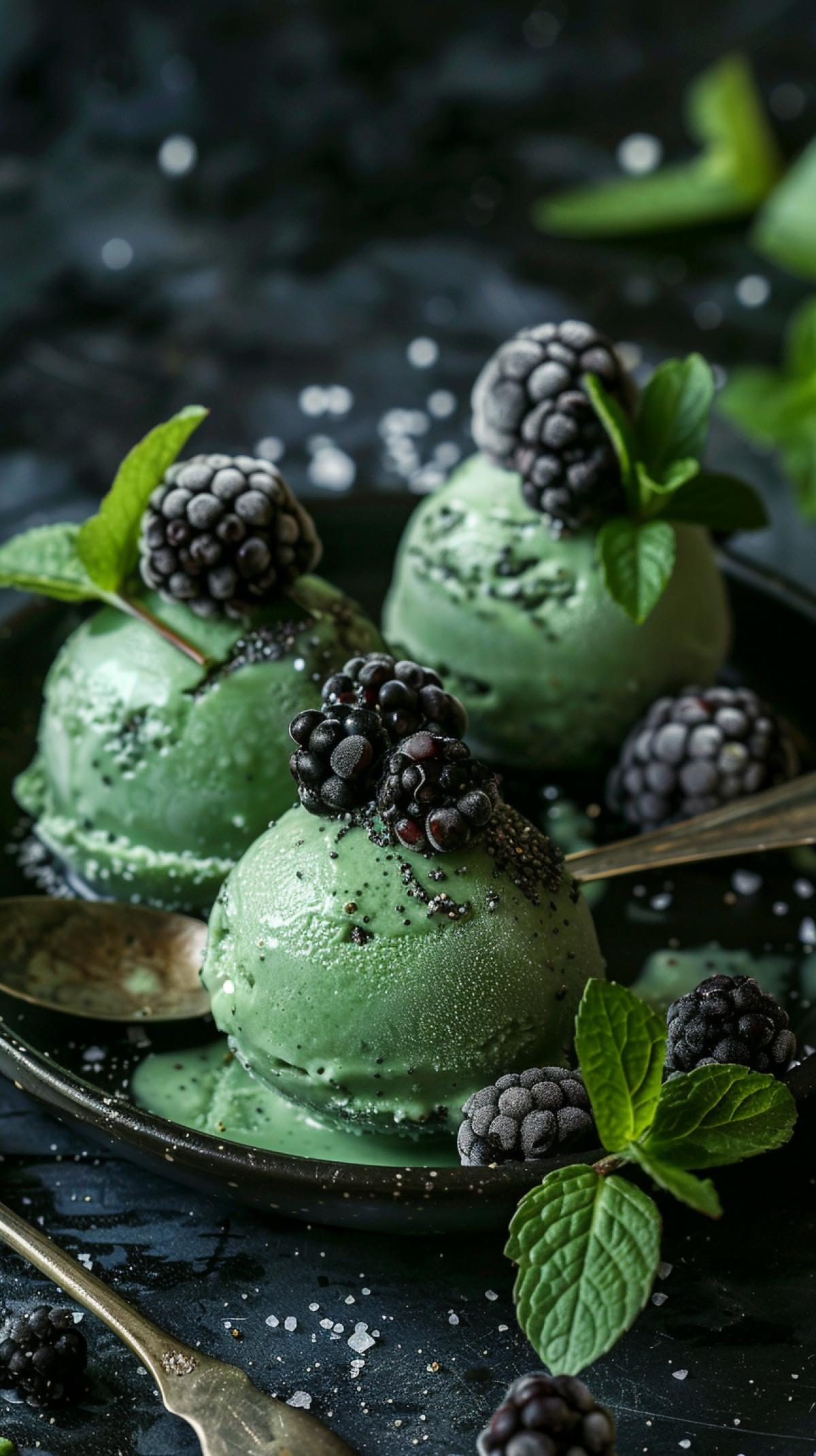 Smooth stevia ice cream balls, no melting, dark food photography, realistic s 750