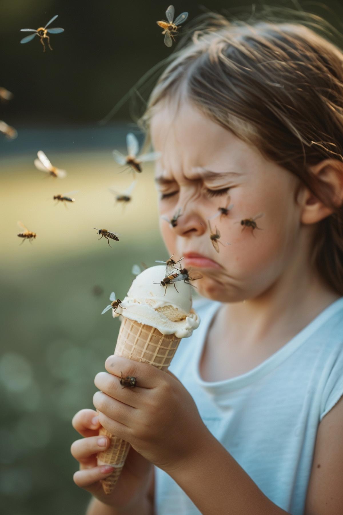 Crying girl looks at ice cream covered in flies