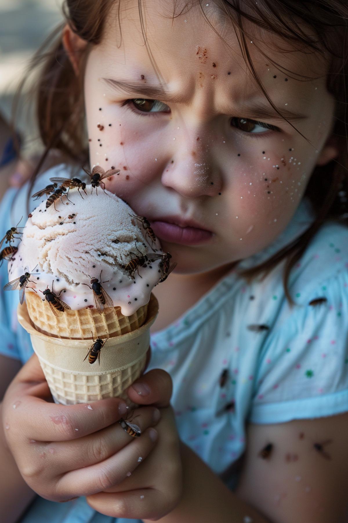 Crying girl looks at ice cream covered in flies