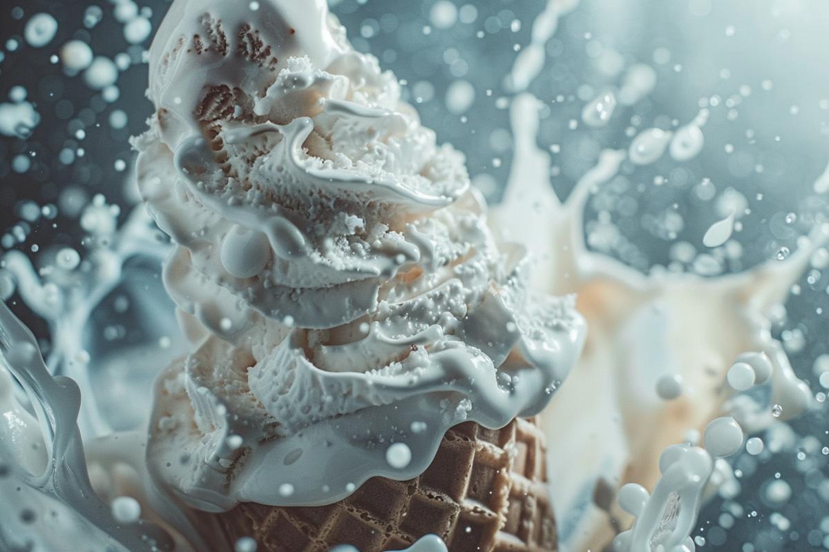 Ice cream closeup, Cinematic shot + photos taken by ARRI, photos taken by sony, photos taken by canon, photos taken by nikon, photos taken by sony, photos taken by hasselblad + incredibly detailed, sharpen, details + professional lighting, photography lighting + 50mm, 80mm, 100m + lightroom gallery + behance photographys + unsplash