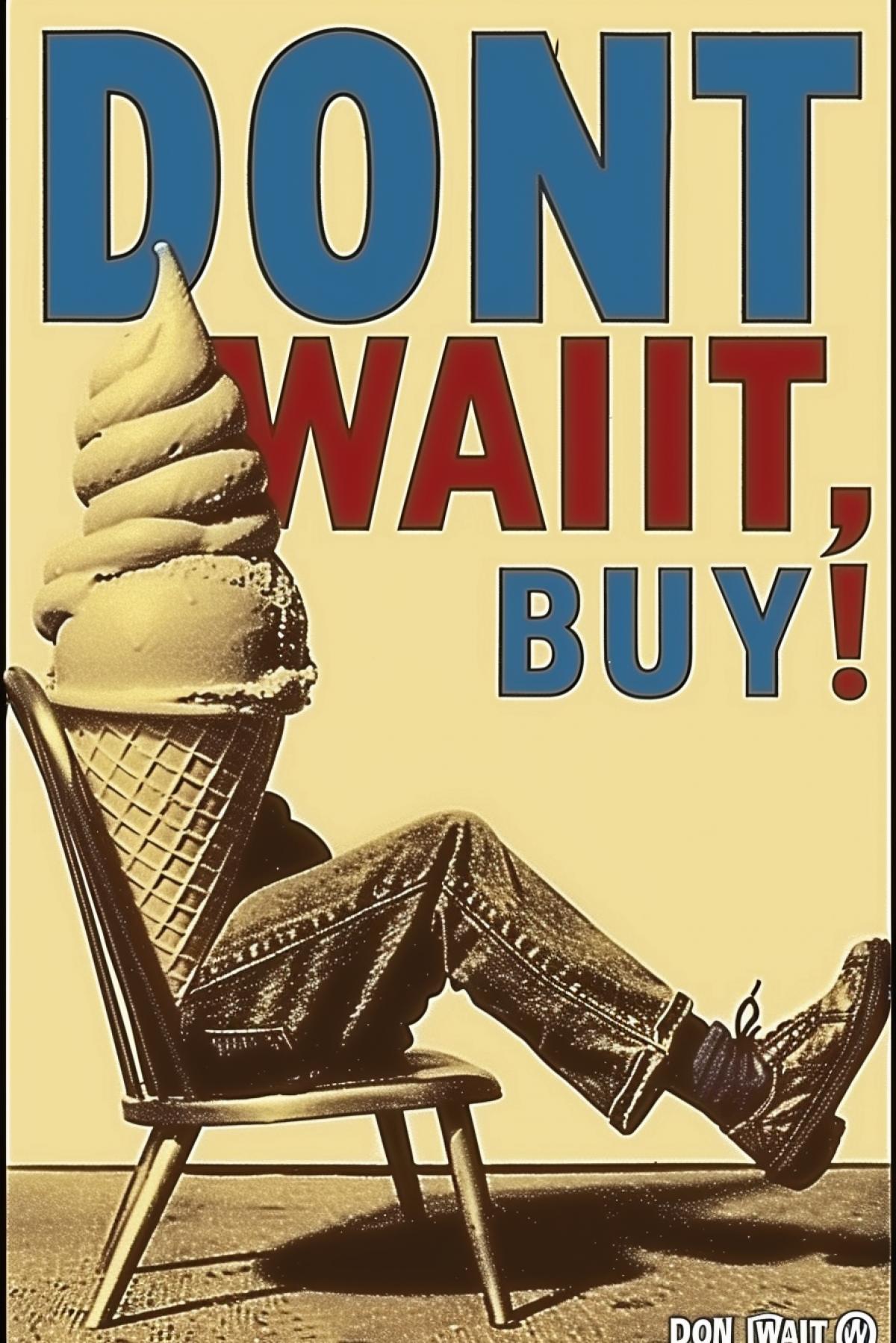Advertising poster about delicious ice cream, an image of delicious ice cream with a large inscription \"DONT WAIT, BUY!\"