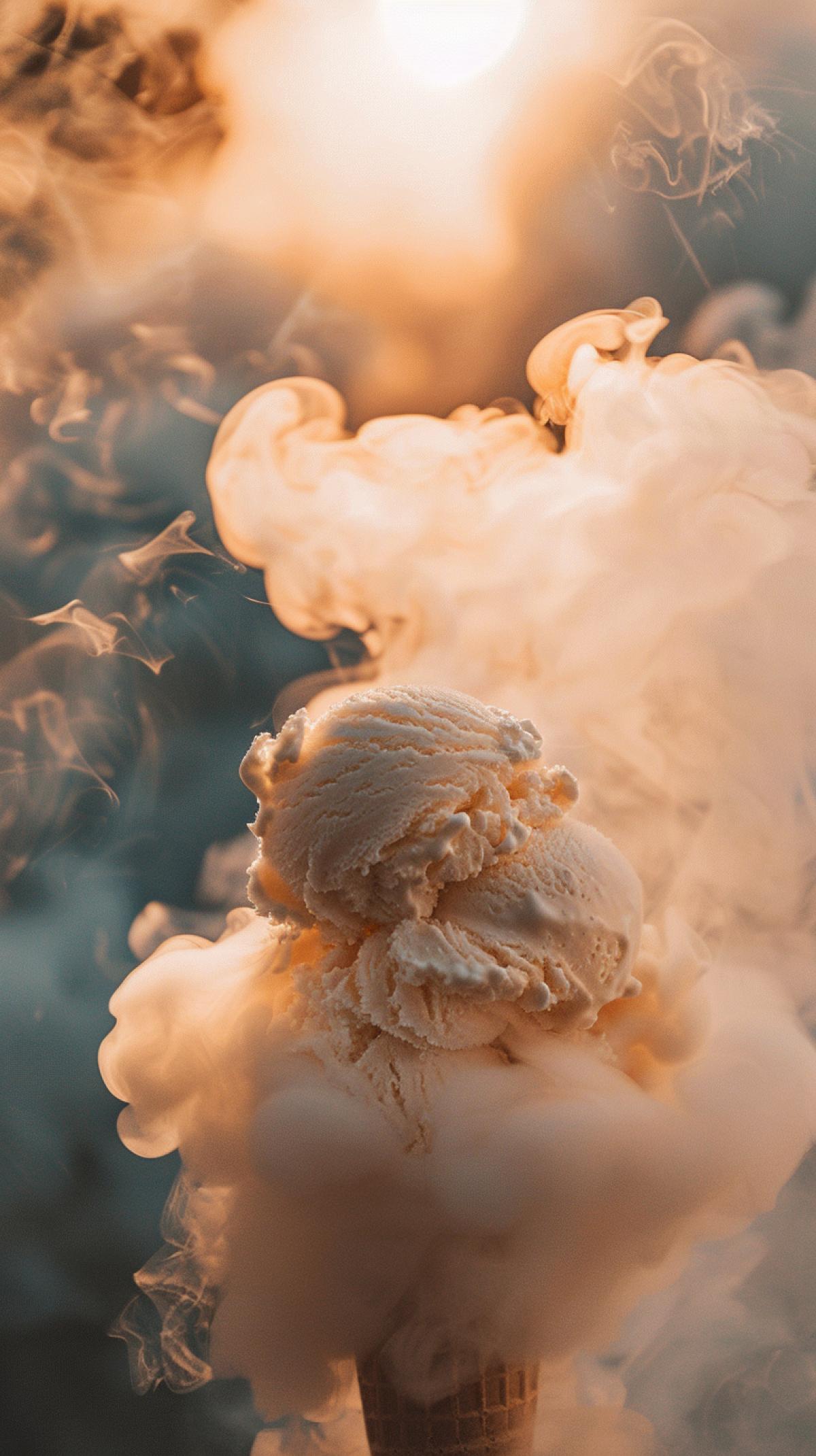 ice cream in a cloud of steam. from above the glow of the suns rays floods the ice cream