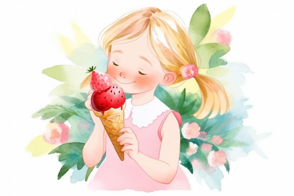 cute little girl in a summer dress, with blond hair, eats a large ice cream with apsmall, delicious, enjoyment, summer, joy, sun glare, watercolor