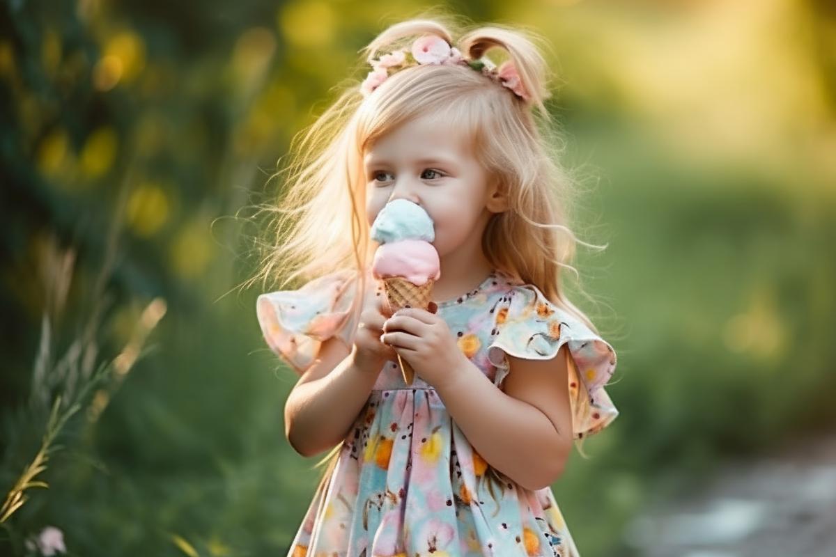 cute little girl in a summer dress, with blond hair, eats a large ice cream with apsmall, delicious, enjoyment, summer, joy, sun glare, watercolor