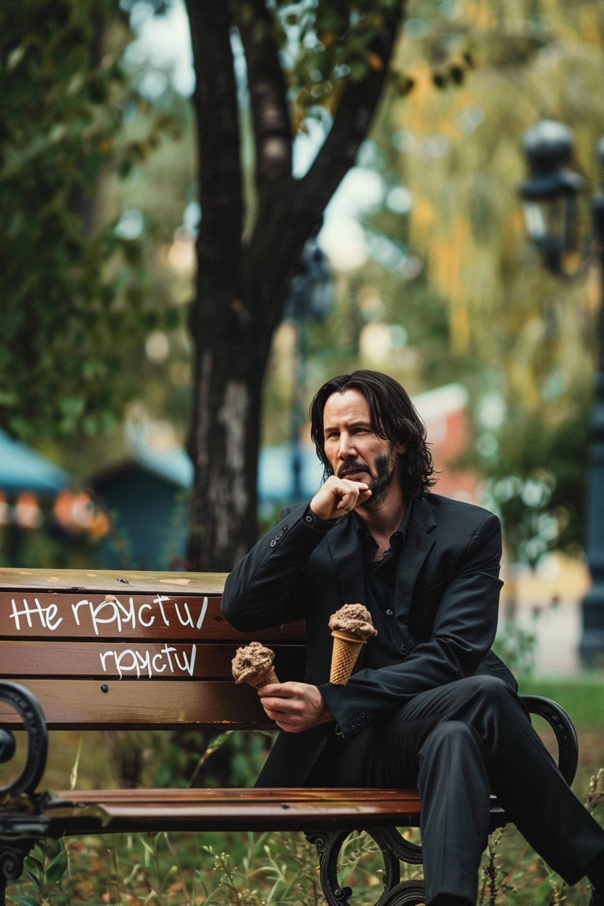 Keanu Reeves sits on a bench in the park and eats ice cream, in the foreground the inscription \"He rpyctu\", advertising photo