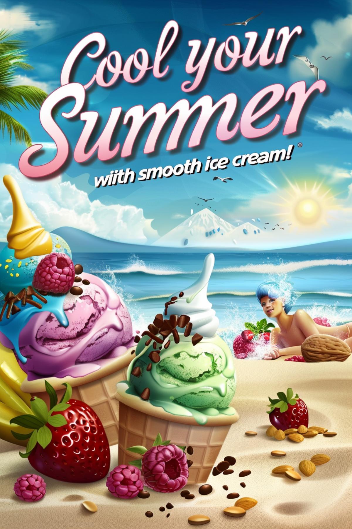 Create a bright and attractive illustration for an ice cream advertisement. Picture delicious ice cream with colorful balls, decorated with berries, nuts or chocolate chips. Imagine a beach scene with sunshine, sea and sand, where people are enjoying ice cream. Add the caption \"Cool your summer with our smooth ice cream!\" and brand logo. Make your illustration bright, fun, and delicious to grab attention and make you want to try the ice cream.