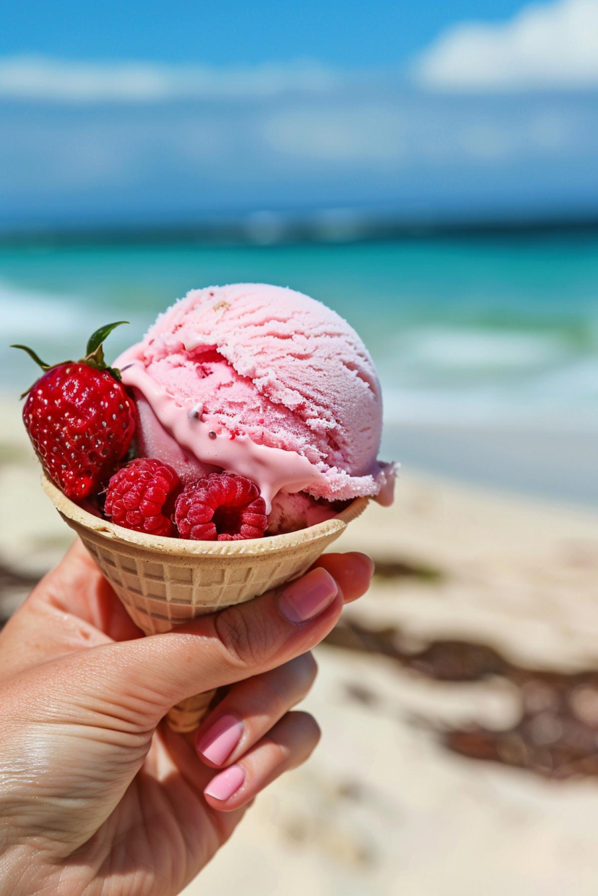 \"Take a photo that makes you want to try ice cream. Picture delicious ice cream with colorful scoops. Add fresh fruit like strawberries, raspberries or cherries to add freshness and vibrancy to the image. Photograph ice cream in natural light to capture its texture and colors . Place the ice cream against the background of a beach, a sunny day or a beautiful cityscape to create an atmosphere of summer and joy. Add a small inscription in Russian and the brand logo.