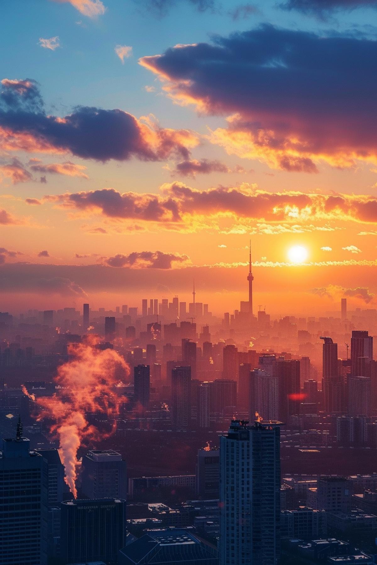 Nice and beautiful industrial cityscape with thoroughly thought communications and infrastructure early morning sunrise over the city
