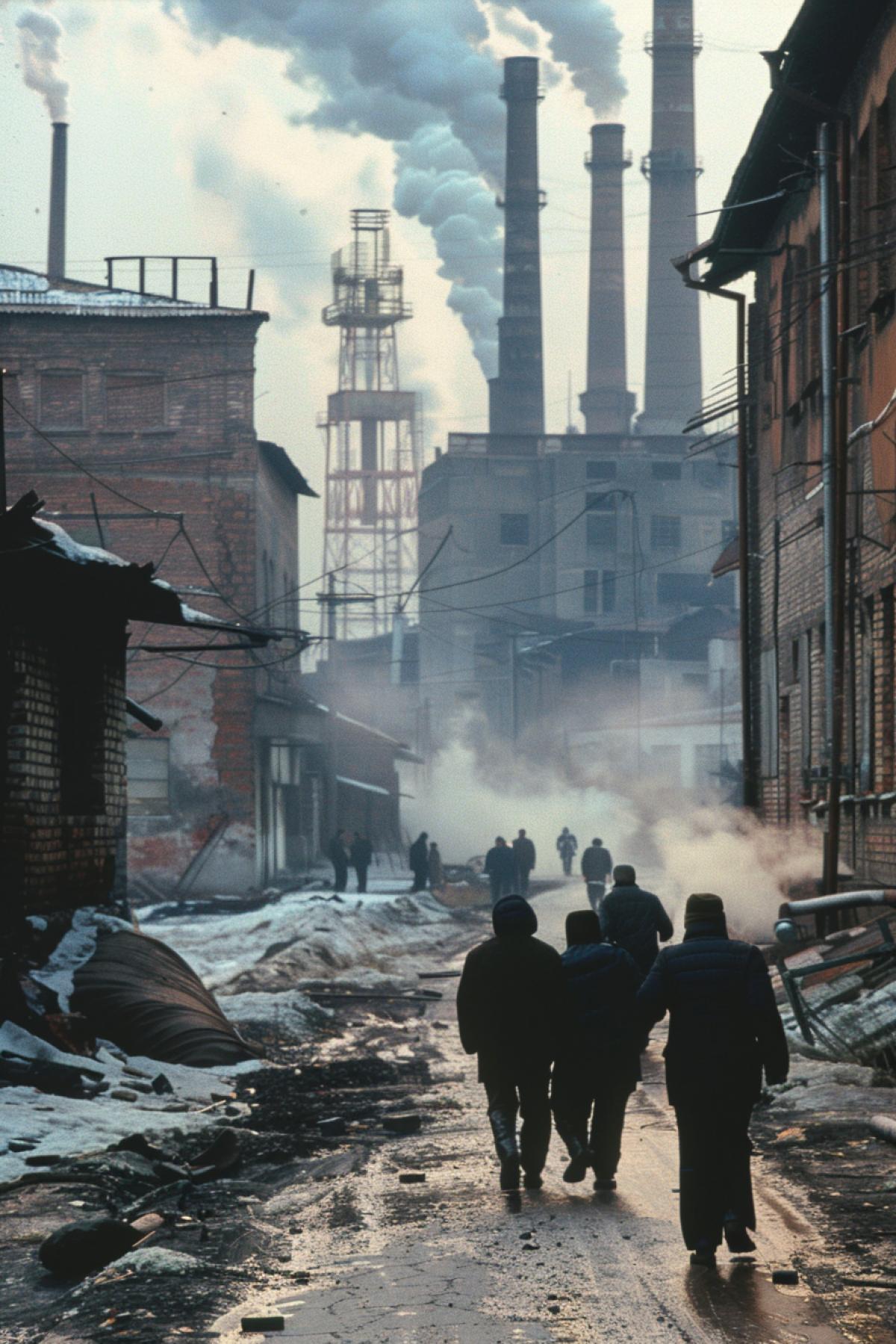 Hundreds exhausted tired people hurrying up to work to old brick dirty factory smoke from tubes early in the morning hopeless faces
