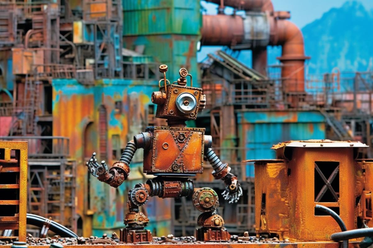 Heavy industrial city, rusty robot against the background of factories
